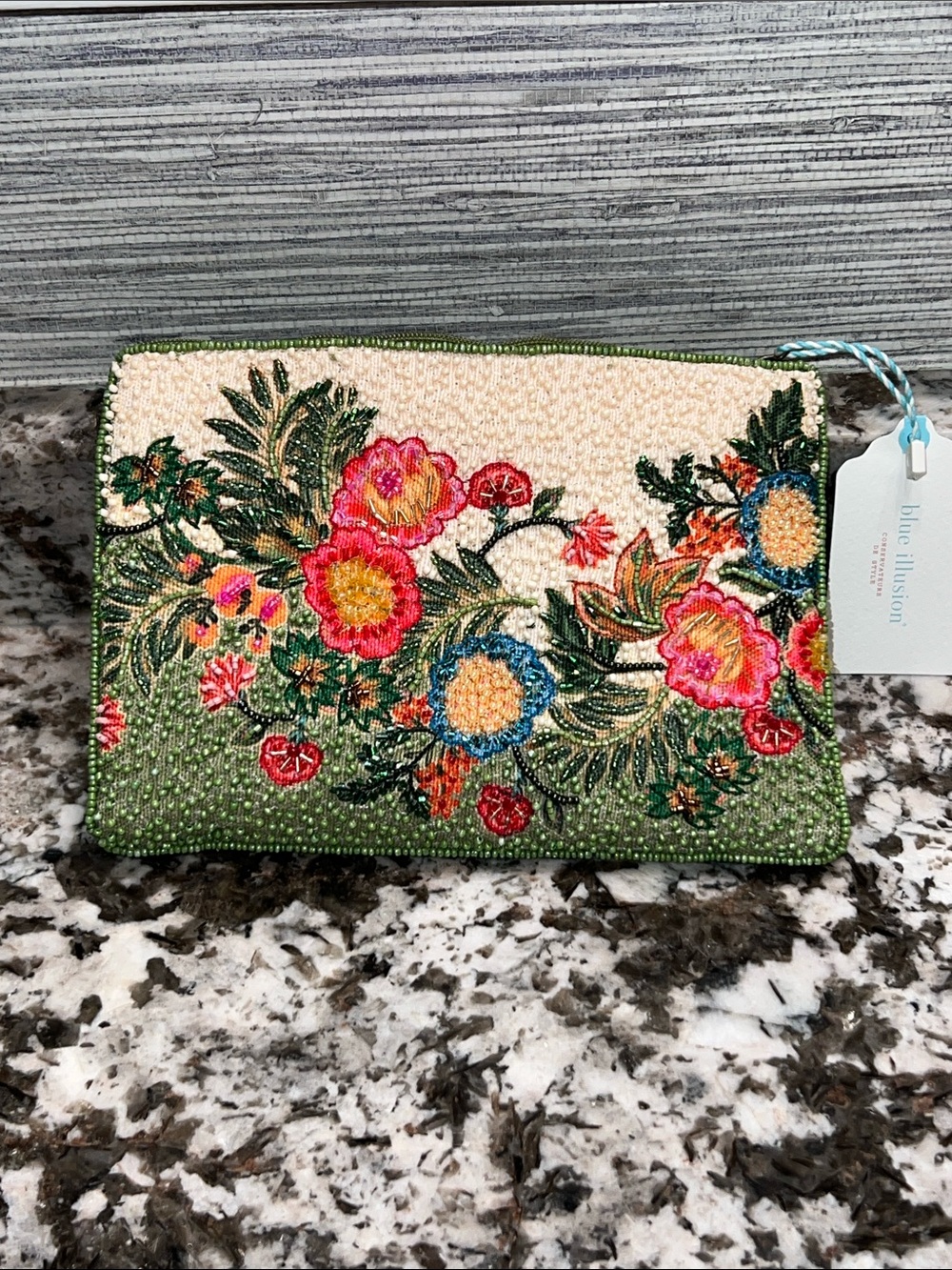 Floral Beaded Clutch - Green & Cream